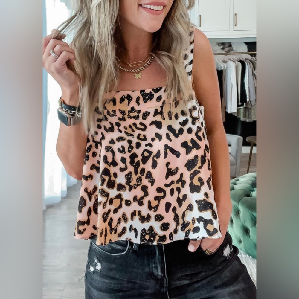 Square Neck Leopard Print Tank Top - Blush